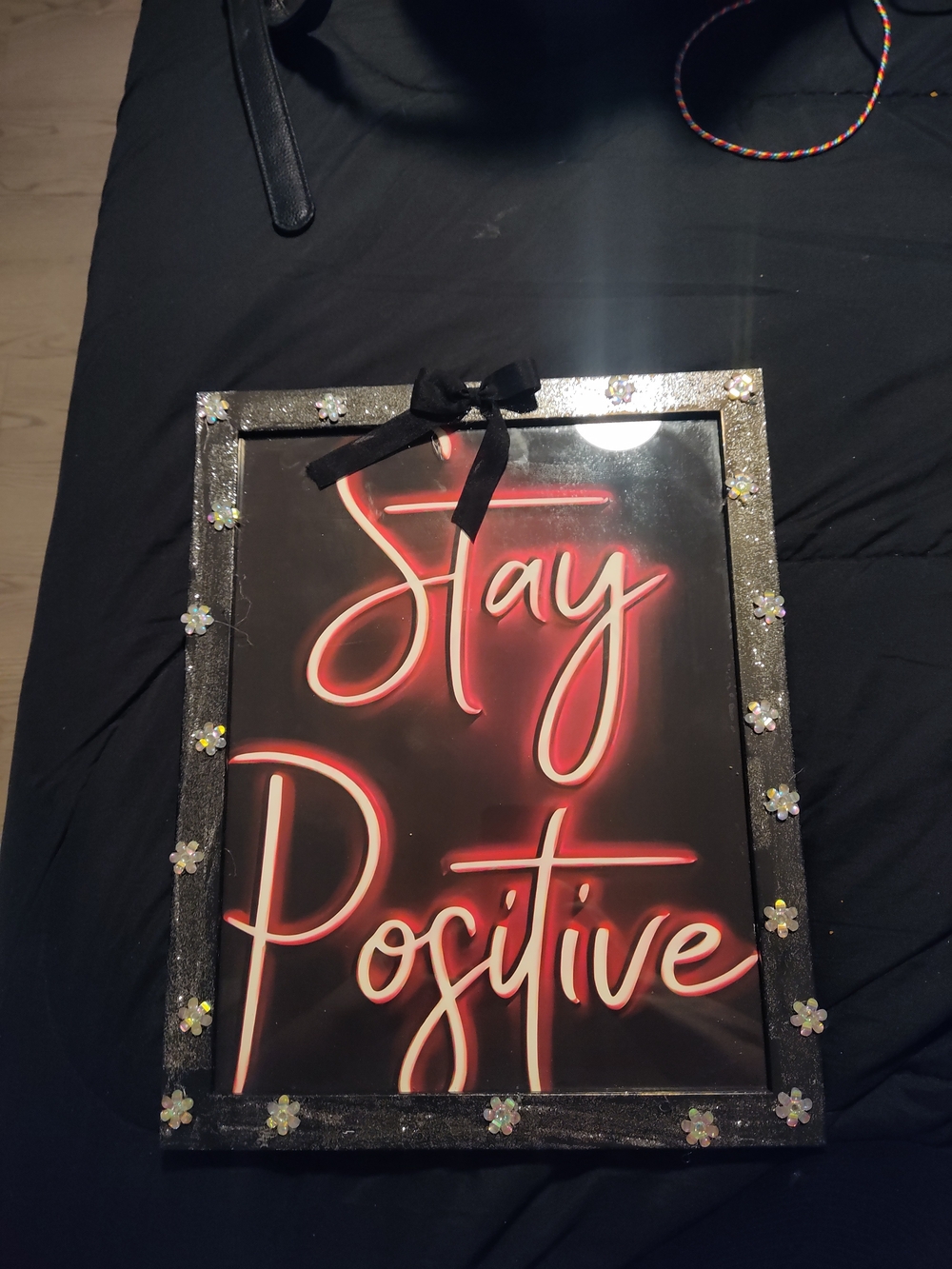Stay Positive Wall Art - Black Frame with Pink Neon Script